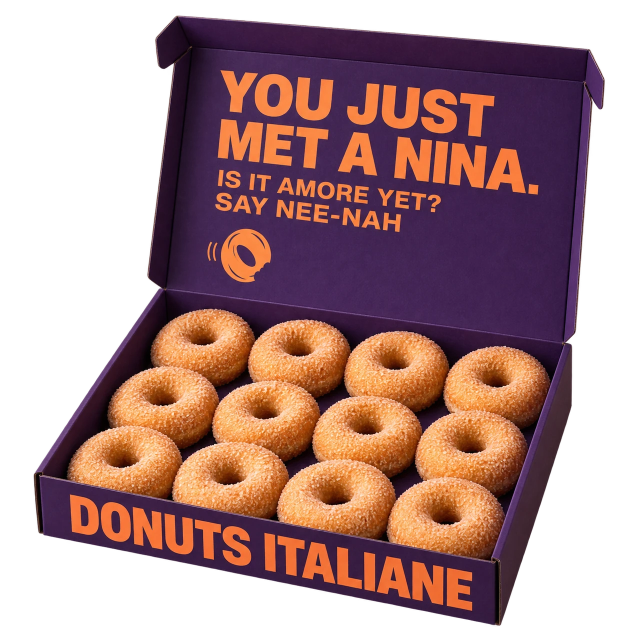 Open NEE-NAH box with twelve sugar-coated Italian doughnuts